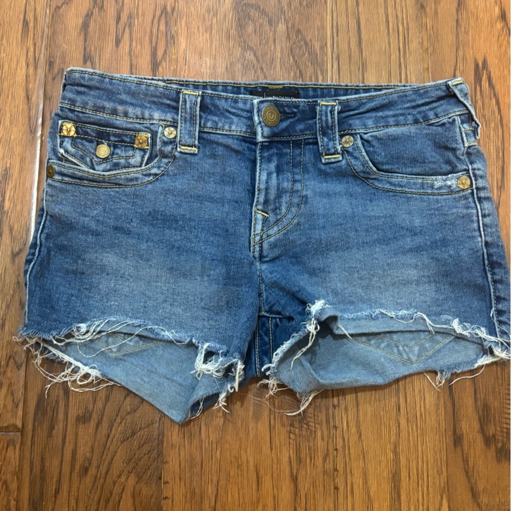 True Religion Joey Cut Off Denim Shorts Size 28 Low Rise Shorty Shorts